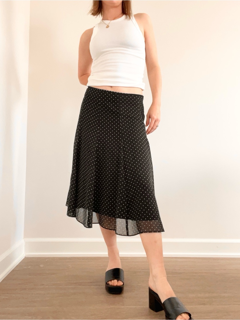 Liz & co Polka Dot Black Midi Skirt with Flowing A-Line Silhouette - Picture 3 of 5